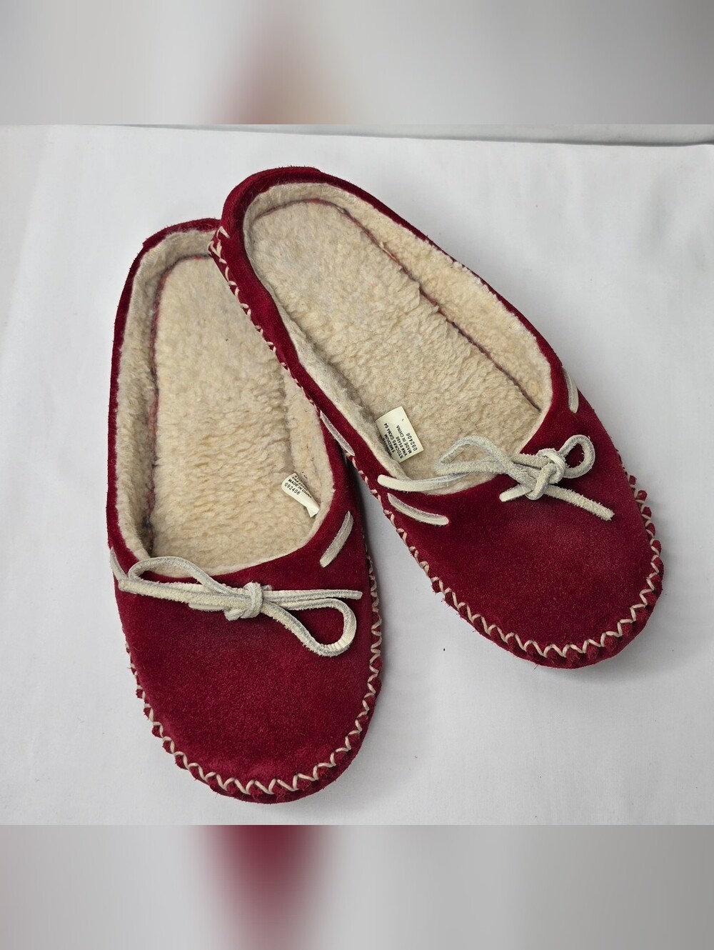 LL Bean Womens Size 5 M Wicked Good Suede Slippers Wine Red Shearling Fleece Clo